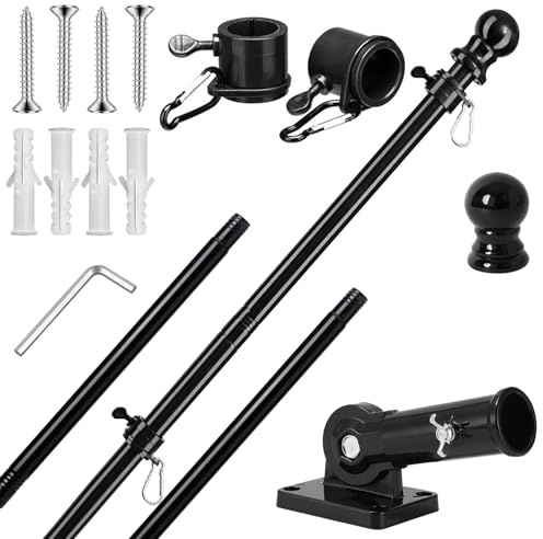 HYLEBOR Flag Pole Kit, 5 FT Stainless Steel Porch Wall Mount Flagpole with Bracket and Anti-Wrap Flag Pole Rings, Heavy Duty Mutil-Position Adjustable Black Flagpole for Porch, Yard, Outdoor (5 Ft)