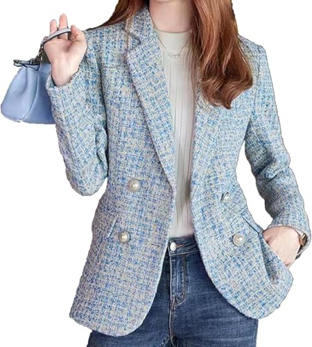 Blazer da Donna in Tweed Moda Girocollo Classico Doppio Petto Abbottonatura Ufficio Business Casual Blazer Manica Lunga Cappotto Sottile (Blu,L)