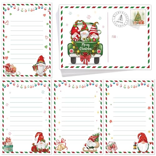 BOFUNX Weihnachten Briefpapier mit Umschlag Set, 24pcs Weihnachtsbriefpapier und 12pcs Weihnachtsumschläge Weihnachtswichtel Briefpapier Briefumschläge Weihnachtskarten