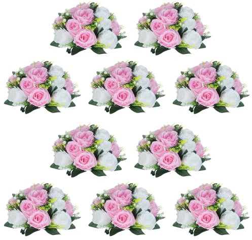 10 Stück Kunstblumen-Kugel-Arrangement-Blumenstrauß, 15 Köpfe aus Kunststoff-Rosen mit Sockel, geeignet für das Hochzeits-Mittelstück, Blumenregal für Partys, Valentinstag, Heimdekoration (Rosa und