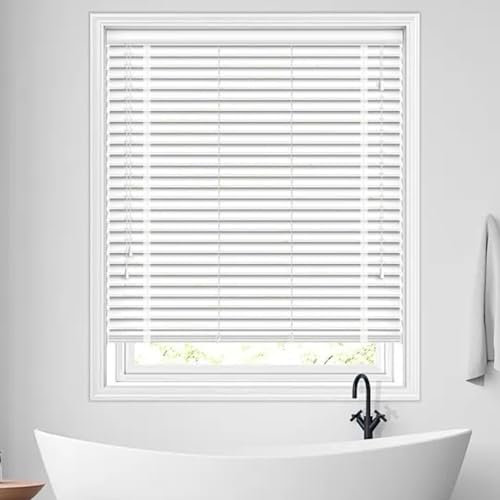 Generisch Holz Jalousie Holzjalousien 50mm Lamellen Jalousette Echtholz 30 45 60 75 90 100 105 120 135 150 160cm Fenster Rollos für Innen, Anpassbare Jalousetten für Sichtschutz Haus/büro(Weiß)