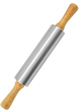 Porceosy Mattarello in acciaio inox con manici in legno, spessore regolabile, utensili da cucina per cuocere biscotti, pasta fondente, pasticceria, pizza, crosta, 38 cm