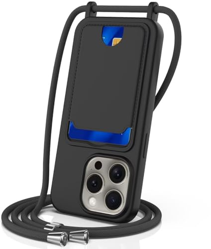 FMPCUON Handykette Flüssigsilikon Hülle für iPhone 13 Pro mit Band,Handyhülle mit Kartenfach,Necklace Schutzhülle mit Abnehmbar Kordel zum Umhängen Stossfest Bumper,Schwarz
