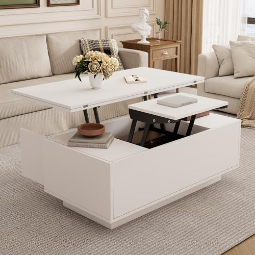 Soweiz Moderner Couchtisch mit Doppel-Hebemechanismus, couchtisch höhenverstellbar, Verstecktem Stauraum–Belastbar bis 50 kg, 100x50x55.5cm (Weiß)