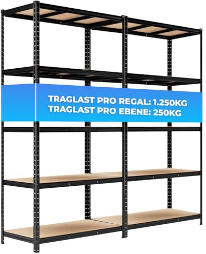 ALL Premium Schwerlastregal 2er Set 200x100x50 cm Schwarz - 1250kg Traglast – Schwerlastregal Schwarz, vielseitiges Regal 100 cm breit, Regal 50 cm tief, ideal für Keller & Lager