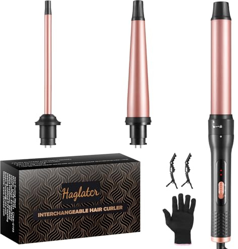 Haglater Lockenstab 3 in 1 Multifunktions Austauschbare Keramikbeschichtung Curling Iron, Lockenstäbe mit Verschiedenen Aufsätzen Große und Kleine Locken, Welleneisen für Beach Waves