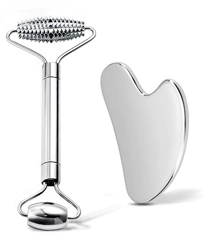 AAJP Gua Sha Facial Tools and Face Roller Set, Stainless Steel Facial Sculpting Eyes Roller Guasha for Face, Chin & Jawline Sculpting,Skin Care (Stainless Steel)