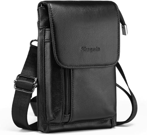 Hengwin Kleine Umhängetasche aus echtem Leder für Herren und Damen, Handy-Gürteltasche für iPhone/Samsung, Reisepass, Geldbörse, Schulterholster, Schwarz, Large