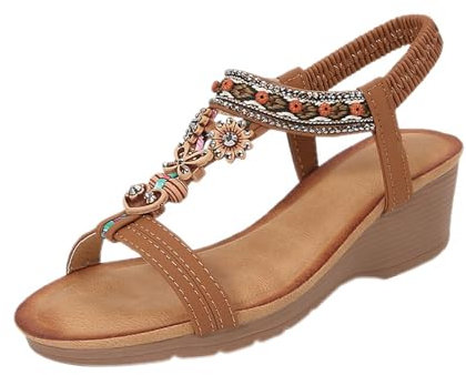 Sandalias de plataforma para mujer, sandalias de cuña, sandalias bohemias con perlas de estrás, sandalias de verano elásticas, elegantes y abiertas, sandalias romanas ligeras, sandalias de playa