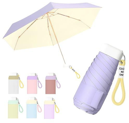 Mini Viaje Portátil Sombrilla De Mano Compacto Paraguas Plegable con Trenzado Llavero Cordón Y Asa Plana,Costillas De Fibra De Vidrio,Ligero,UPF 50+ Protección UV, Sol Y Lluvia,Bolsillo,Niños Mujeres