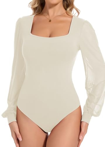 Joyshaper Body Damen Puffärmel Bodysuit Langarmbody Elegant Damenbody Top Halbtransparente Langärmel Beige L