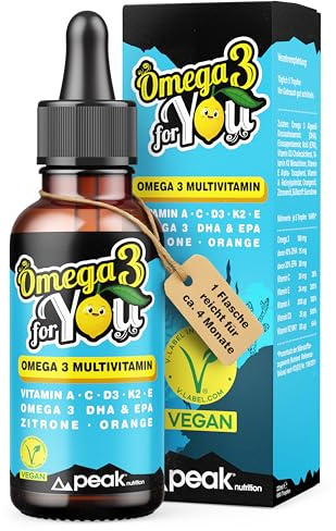 OMEGA 3 for YOU Omega-3 DHA & EPA Tropfen für Erwachsene – Mit Vitamin D3, K2, A, C & E – Vegan, Zitrone-Orange Geschmack, 20 ml für ca. 4 Monate