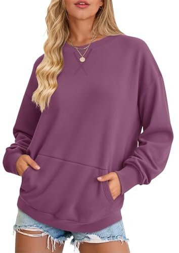 AUSELILY Damsweatshirt, överdimensionerad tröja, lös långärmad skjorta, rund hals, toppar med fickor för höst vinter, malva, M