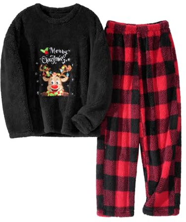 UMIPUBO Pigiama Donna Invernale Natalizio Pile Due Pezzi Caldo Natale Pigiami da Casa Felpato Set Tasche Elegante Manica Lunga e Pantalone Lungo Indumenti da Notte Loungewear Regalo Regali (Nero, XXL)