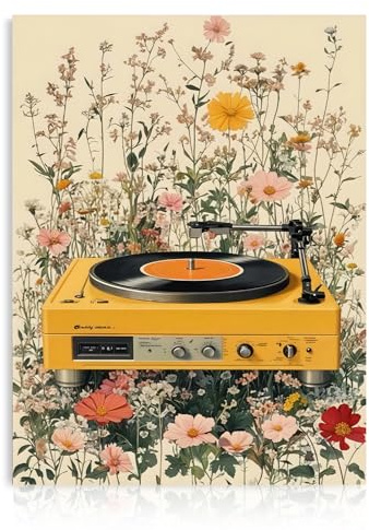 Dazzlewall Art Mural de Tourne-Disque Boho, Impressions de Champ Floral Coloré et Tourne-Disque Jaune Vintage 12x16 pouces sans Cadre