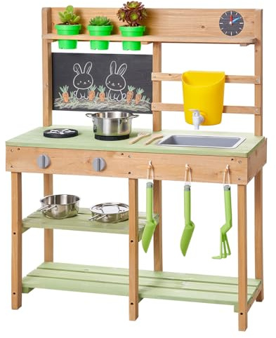 VEVOR Cocina de Barro para Niños al Aire Libre, Madera de Cedro, con Estufas, Tanque, Fregadero, Palas para Plantar, Espátulas, Caja, Ollas y Accesorios, en Casa y Jardín, 762 x 324 x 914 mm