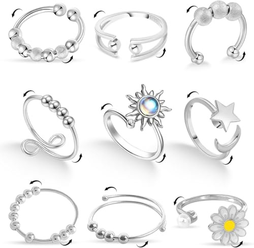 ALONK 9 Stück Anti Stress Ring, Verstellbar Stressring Finger, Edelstahl Antistressring