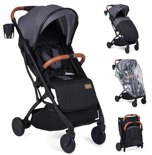 COSTWAY Silla de Paseo Plegable para Bebés, Cochecito Infantil Ligero con Respaldo, Capota y Reposapiés Ajustables, Cubierta para Lluvia,Saco para Pies y Cesta,Carrito para Niños de 0-36 Meses (Gris)