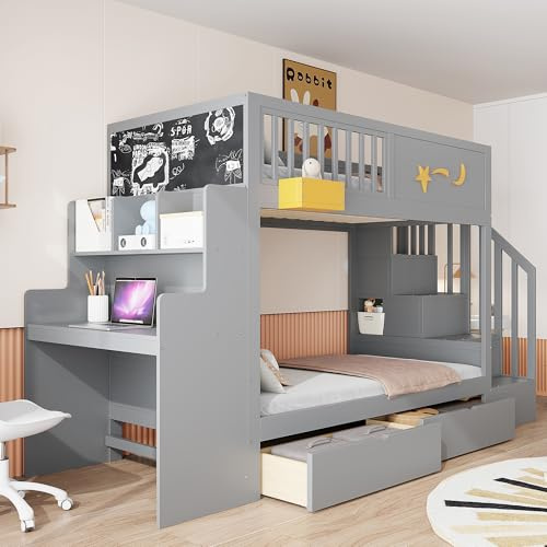 Ktipm Cama Infantil 90x200 cm Litera con Escritorio y 2 Cajones, Litera Infantil con Escalera Almacenaje y Barandilla Anticaída, Literas Infantiles con Listones de Madera, Sin Colchón, Gris