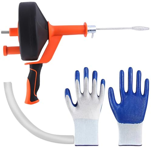 Desatascador de tuberías, 760 cm, serpiente, drenaje de resorte de acero flexible con adaptador de taladro, para cocina, baño, ducha, limpieza de alcantarillado, incluye guantes (naranja)