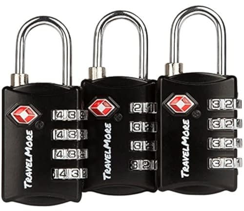 TSA-Gepäckschlösser mit 4-stelliger Zahlenkombination | TSA-Kofferschlösser für Flugreisen | TSA-Schloss für Koffer, Gepäck, Rucksack | Zahlenschloss | 3er-Pack, Schwarz