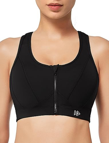 Yvette Zip Front High Impact Sports Bra for Large Bust,Black,L+