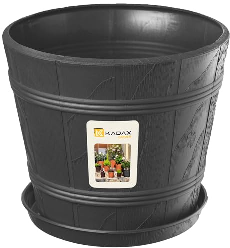KADAX Blumentopf, Blumenkübel mit Untersetzer, Pflanzkübel für Innen- und Außenbereiche, Holzoptik, wetterfester Pflanztopf aus Kunststoff, Übertopf für Blumen, Garten, Balkon (Ø 42 cm, Grafit)