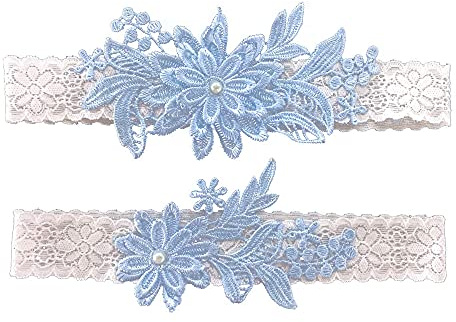 Wedding Garters for Bride Daisy Lace Bridal Garter Hand Sewn Faux Pearls Garter Set 2 Pieces, Sky Blue, One Size