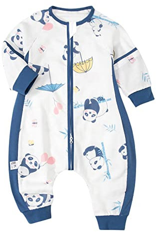 Baby Schlafsack mit füßen Sommer,Abnehmbar Langarm,Unisex Ganzjahres Schlafanzug,Sommerschlafsack mit Füßen,Babyschlafsack Neugeborene,Weich Baumwolle Overall Für Neugeborene 12-36 Monate,(Panda, 90)