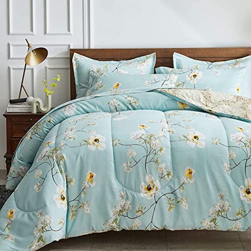 Lanqinglv Wende Bettdecke 155x220 Ganzjahresdecke 4 Jahreszeiten,Weiß Blau Blumenmuster Steppdecke für Allergiker Zudecke Schlafdecke Duvet 155x220cm mit 1 Kissenbezug 80x80cm