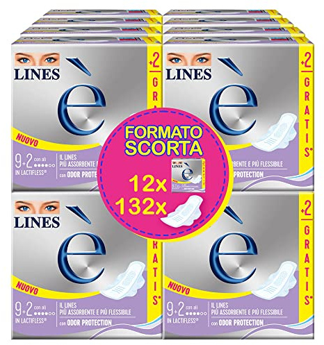 LINES È GIORNO con ali, Pacco scorta da 132 assorbenti per ciclo mestruale, l'unico con struttura in Lactifless, il più assorbente e flessibile della gamma Lines, con Odor Protection