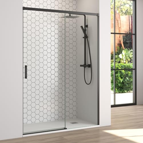 Mampara Ducha Frontal Corredera 1 Puerta Corredera 1 fijo | Cristal templado 6mm Antical Transparente | Altura 195cm | Perfilería Negro Mate | 155cm (Adaptable 149-154cm)