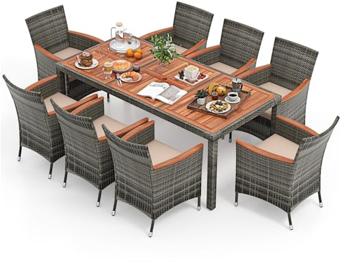 COSTWAY Set 9 Pezzi da Pranzo in Rattan PE con Cuscini per Esterno | Set di Mobili da Giardino con 1 Tavolo Rettangolare e 8 Sedie, Ideale per Piscina e Cortile