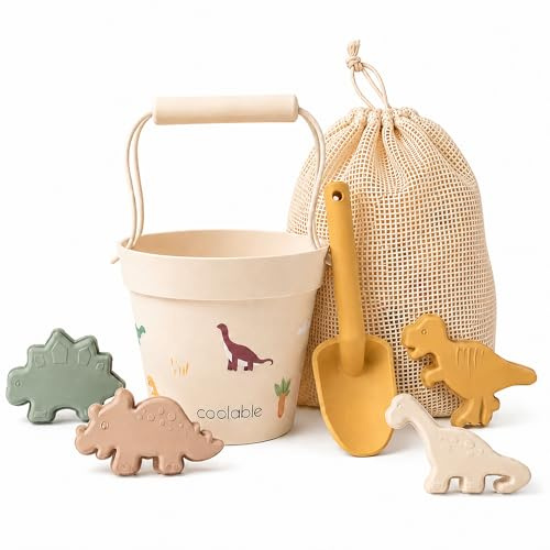 coolable Set di 6 Giocattoli da Spiaggia in Silicone per Bambini - Secchiello Pieghevole, Paletta, 4 Formine e Borsa a Rete - Mondo dei Dinosauri