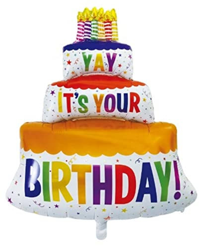 Folienballon 'Happy Birthday' mit Torte Motiv und 'YAY IT'S YOUR BIRTHDAY' Schriftzug, Perfekt für Geburtstagsfeiern und Jubiläen, Große Größe 102 x 62 cm, Wiederverwendbar und Einfach zu Aufblasen