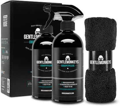 GENTLEMONKEYS Cockpitpflege Set - 500ml Reiniger + 500ml Refill + Tuch | Innenraumpflege für Kunststoff - Set mit Spray, Nachfüllflasche, Mikrofasertuch - Antistatischer Schutz - Made in Germany