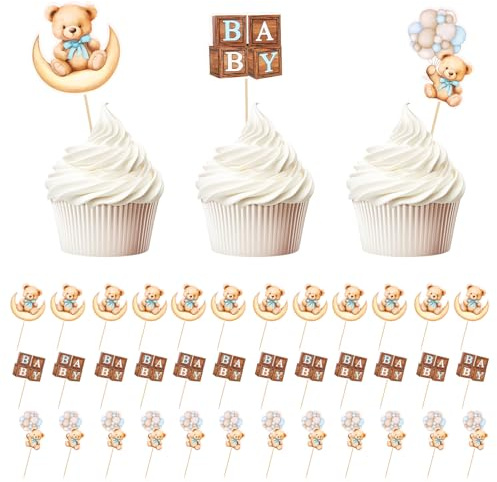 36pcs Décorations de Cupcakes, Thème Ours en Peluche Baby Shower Mignon Bébé Ours Décoratives Décorations de Gâteaux de Baby Shower pour Garçons Filles Anniversaire Fête à Thème