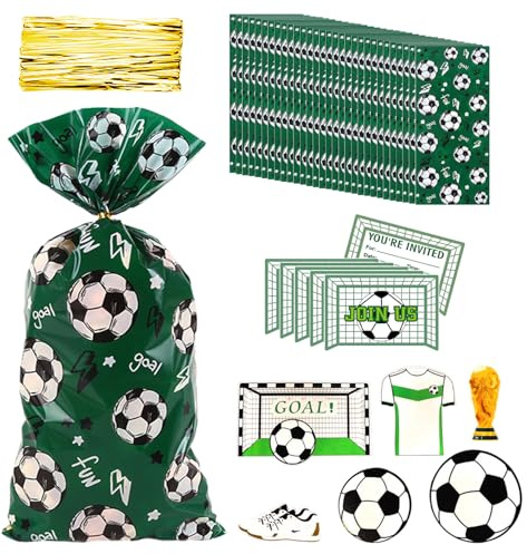 30 fotbolls-godispåsar, 5 fotbollsinbjudningskort, 5 fotbollsinlägg, fotbollstemapåsar, födelsedagspresentpåsar