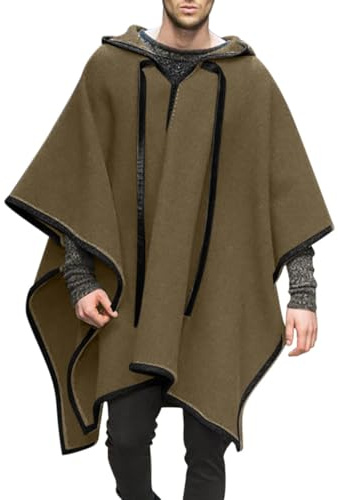 Rrongwn Poncho con Capucha para Hombre Cape Vaquero Hippie Chaqueta Otoño Invierno Casual Abrigo con Bolsillos Hombres de Lana Mexicana