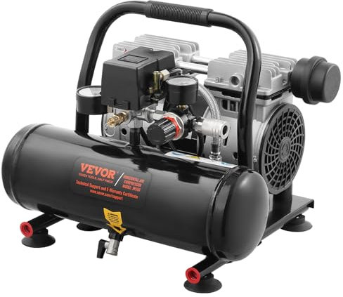 VEVOR Compressore d'Aria, Serbatoio in Acciaio 4 L Compressore d'Aria Senza Olio, Compressore Portatile Ultra Silenzioso da 68 dB per Riparazioni Auto, Gonfiaggio Pneumatici, Verniciatura a Spruzzo