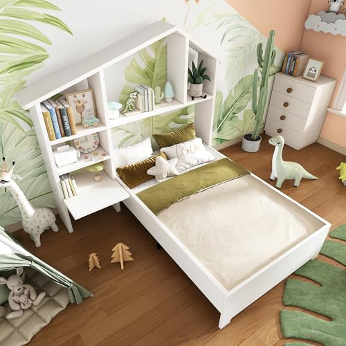 Aoskem Kinderbett Einzelbett 90x200 cm, Kopfteil in Hausform, Holzbett mit Bücherregale Stauraum, Flachbett Jugendbett Funktionsbett, Bettgestell mit Lattenrost, Rahmen aus Kiefer, Ohne Matratze, Weiß