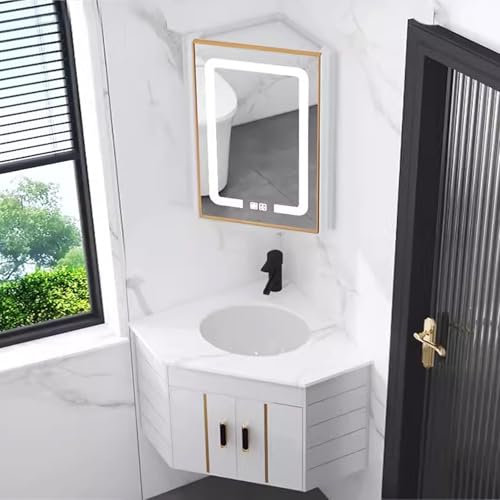 Gtzly Waschtisch mit Unterschrank, Wandmontierter Badezimmerschrank mit Waschbecken und Spiegelschrank, Led-Spiegel mit Antibeschlag, WäSchewanne, Waschbecken-Kombination(White)
