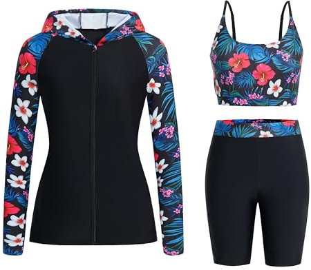 Owntop Damen 3-teiliger Rash Guard | UPF50+ Badeanzüge Kapuzen UV-Shirt | Langarm Reißverschluss Rashguard Shirts & Bikini Top & Hochtaillierte Boyshorts | Bescheidene Badebekleidung | Grün L