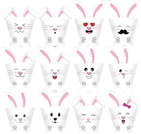 BrightGlow Bunny Cake Liner Ostern Cupcake Topper Und Wrapper Hasenohren Tortendeko Cupcake-Wraps Aus Papier Ostern Torte Dekoration für Kinder Geburtstagsfeier Ostern Partyzubehör Weiß 24 Stück