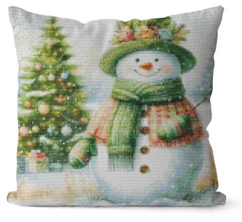Huacan Kreuzstich Kissen Set Vorgedruckt Weihnachten Kissenbezug DIY Gebastelt Schneemann Stickset ohne Kissenkern für Anfänger Erwachsene 45x45cm