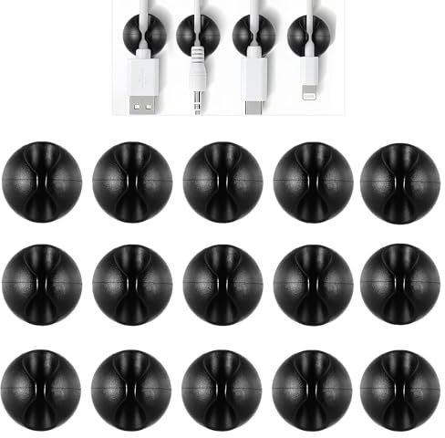15 PCS Cable Holder, Black Adhesive Cable Tidy Clips Soft Cord Organizer Holder for Power USB Headphone Cable, Dust-Proof Wire Holder Clips for Home, Office, Car, Cubicle, Nightstand, Desk Accessories