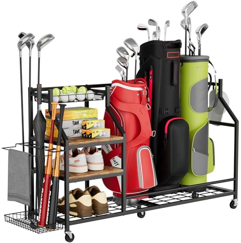 Yornoli Golf Storage Rack with Lockable 360° Wheels, Heavy Duty Metal Golf Bag Organiser Stand for 3 Bags, Space Saving Golf Equipment Holder for Garage, Home, Golf Clubs