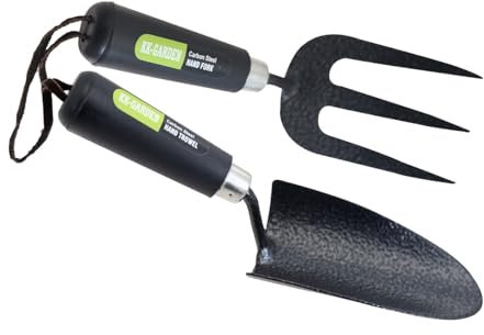 KKTECH Carbon Steel Heavy Duty Hand Fork & Trowel Set – Durable Garden Tools with Ergonomic Handles & Leather Straps