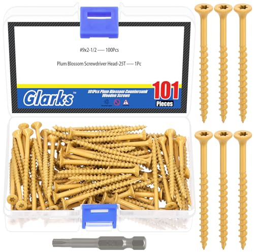 Glarks 101pcs 9x2-1/2’’ Deck Screws Kit, Includes 100pcs Star Torx Drive Flat Head Deck Screws and 1pcs T25 Torx Drill Bit, Exterior Decking Wood Screws for Timber/Landscaping