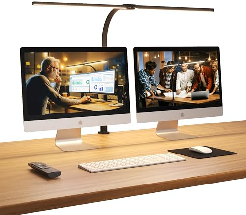 APMIEK Doppelkopf Schreibtischlampe LED, 24W 76CM Schreibtischlampe Klemmbar für Homeoffice, 3200K-6500K Schwanenhals Büro Tischlampe Augenschutz Arbeitsplatzleuchte Monitor Lampe PC Lampe(Schwarz)